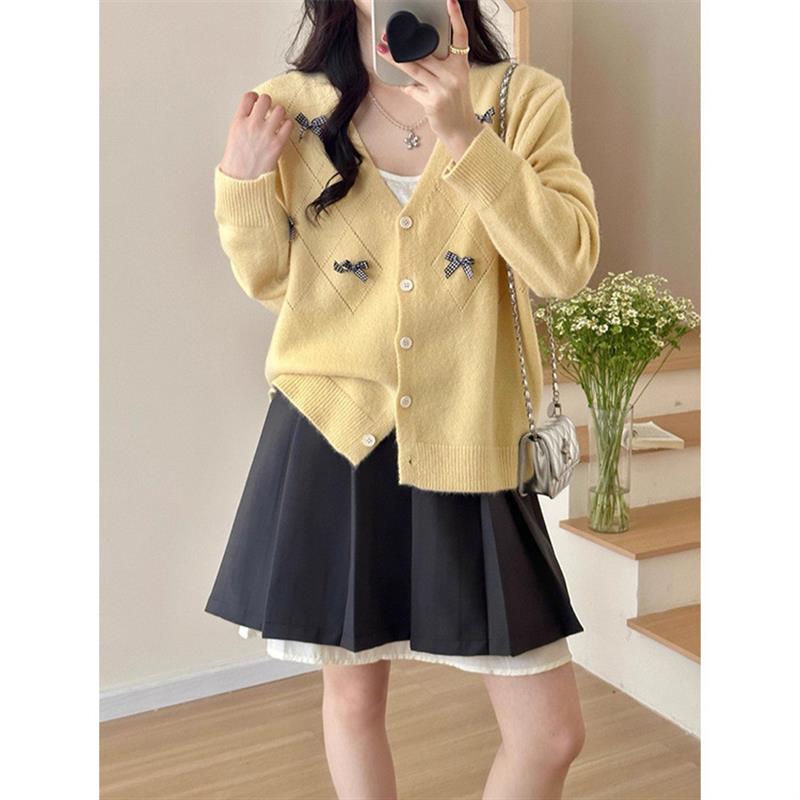 韩系甜美蝴蝶结针织开衫女2025春秋新款宽松领毛衣外套显瘦上衣