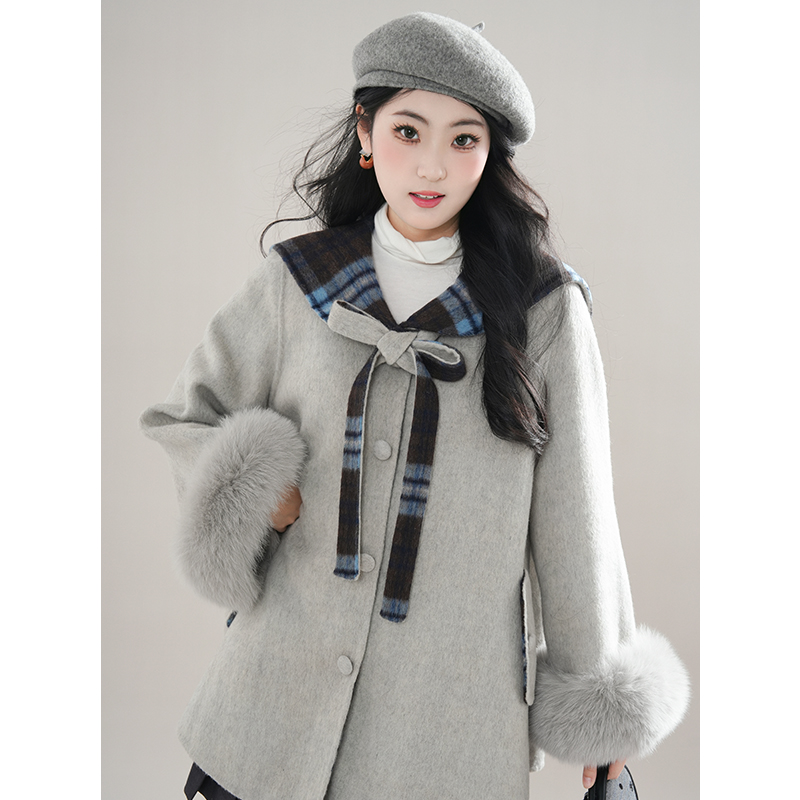 航海艺术家/韩系格子大衣秋冬新款毛毛袖海军领气质夹棉毛呢外套