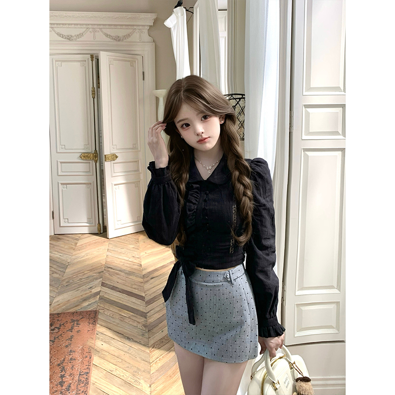 系带长袖黑衬衫+波点裤裙套装女