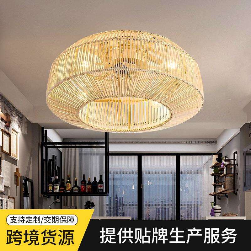 跨境简约人工竹编吸顶风扇灯美式乡村风格风扇灯客厅餐厅卧室
