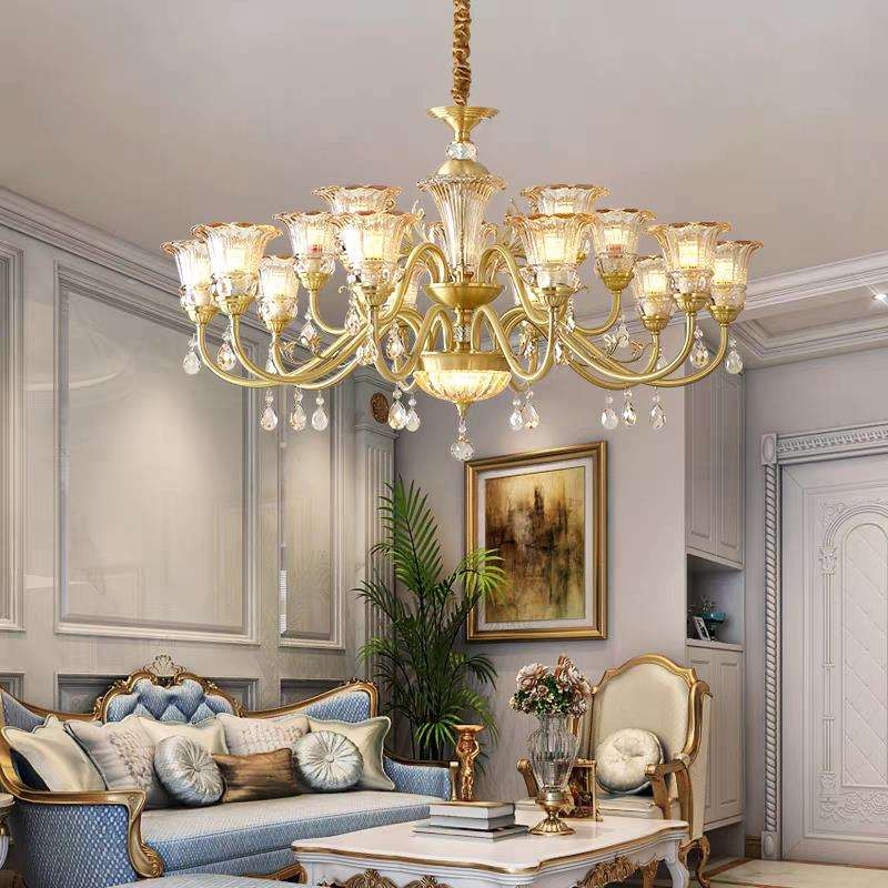 美式简约全铜吊灯客厅灯主灯水晶轻奢欧式复式楼餐厅灯卧室灯新款