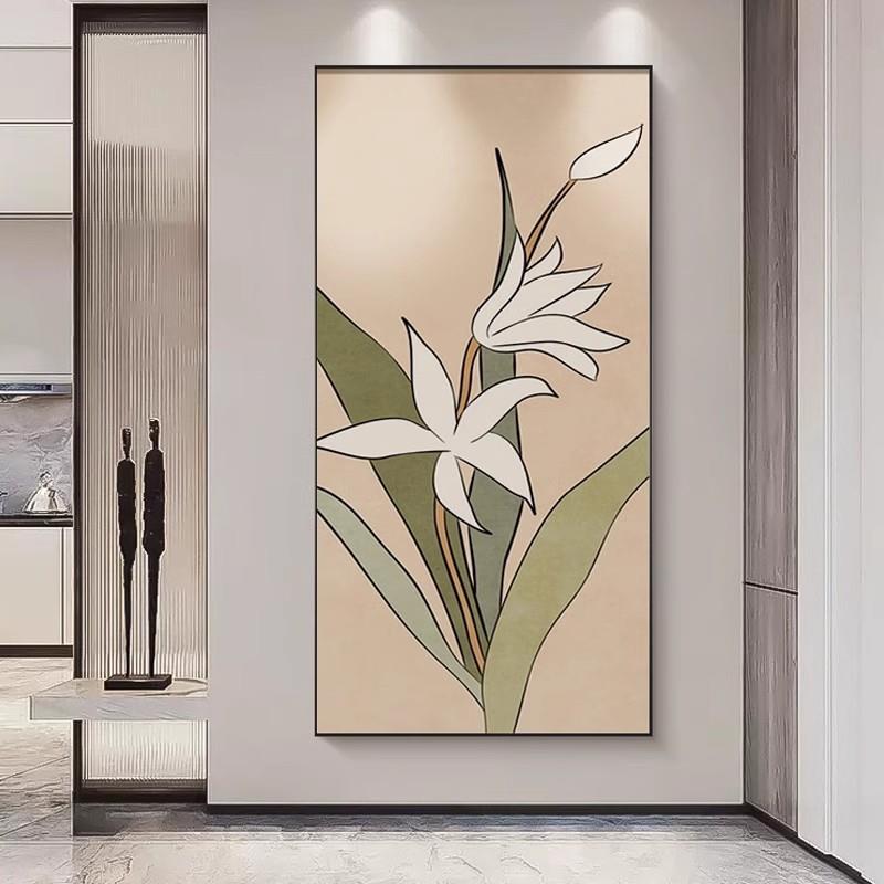 现代简约进门玄关装饰画水仙花卉墙面壁画奶油风走廊过道竖版挂画