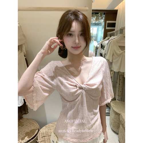 AS OFFICIAL-纯欲感的神必囤3色蕾丝边v领纽结小衫(含8亚麻)28593
