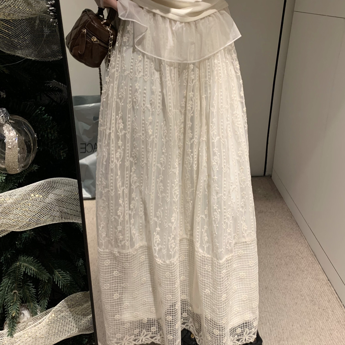 拿铁-内衬巨保暖韩系精致温柔钩花蕾丝显长裙遮胯版型超好半身裙