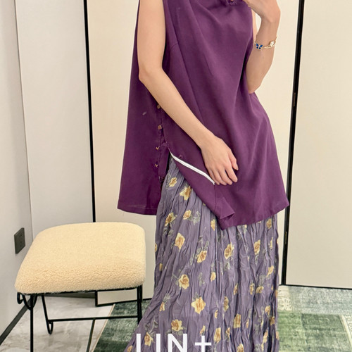 LIN+  -氛围花朵撞色褶皱文艺度假法式半身裙(不含上衣+包包)8012