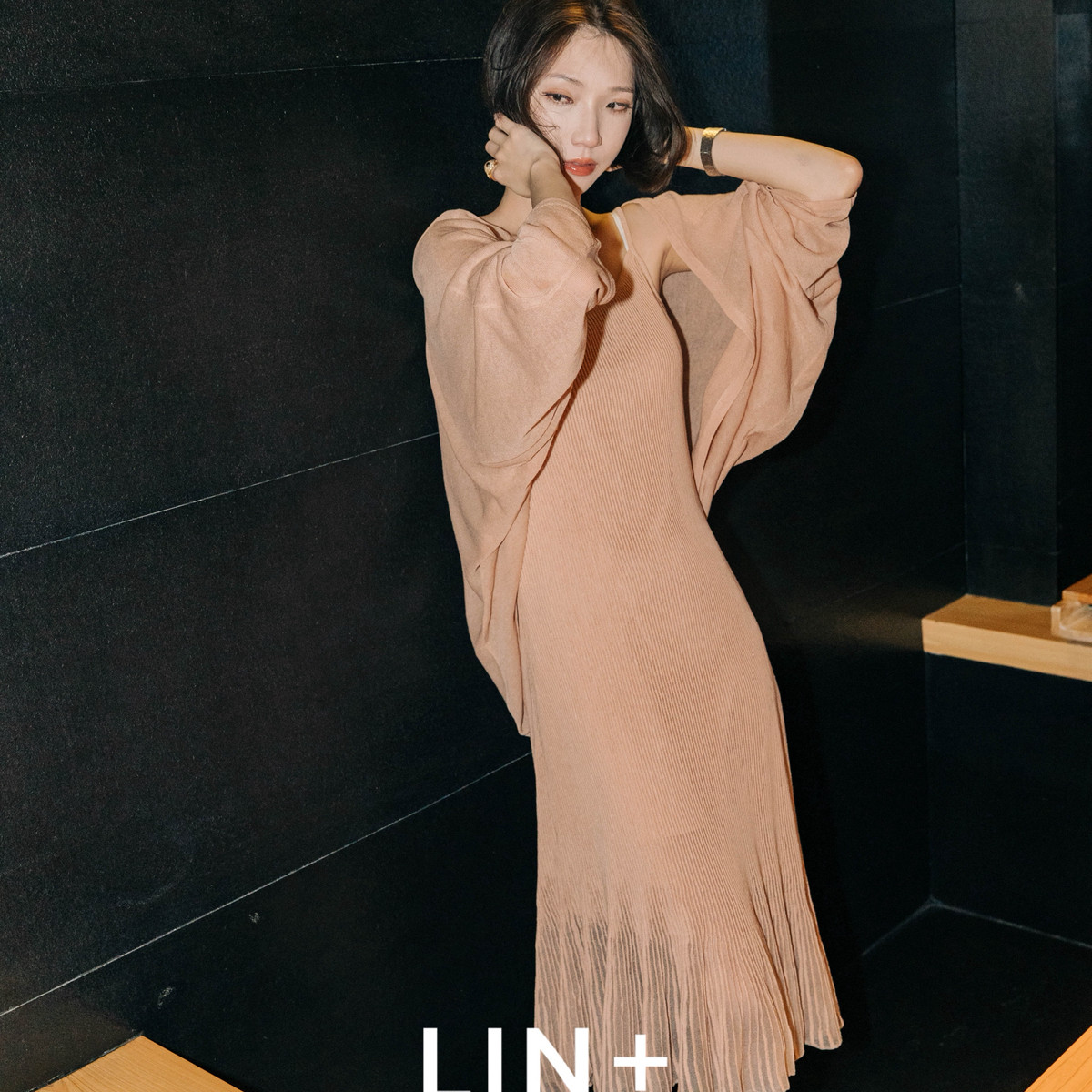 LIN+  -亚麻莱赛尔吊带百褶百搭气质连衣裙(亚麻莱赛尔)ZL108