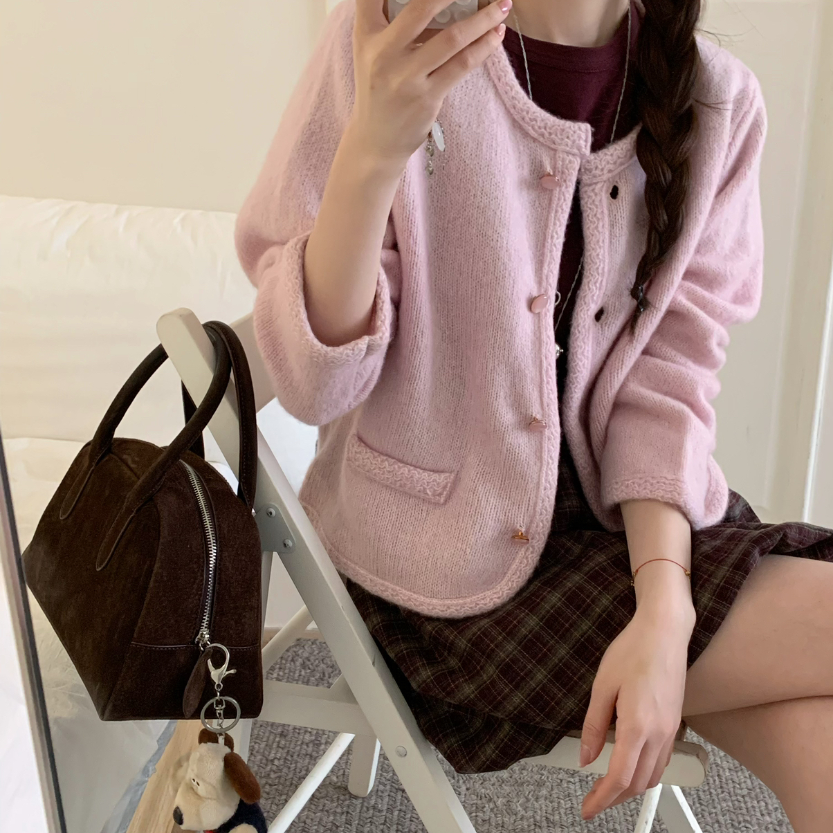 OMELET蛋卷 -质百搭假口袋波浪纹缘边羊毛开衫保暖毛衣（含55羊毛