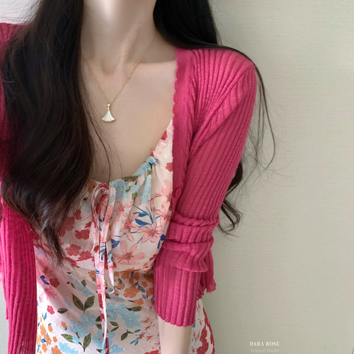 DARA ROSE-款超美坑条纹树莓粉单排扣针织开衫(不含连衣裙)S9419