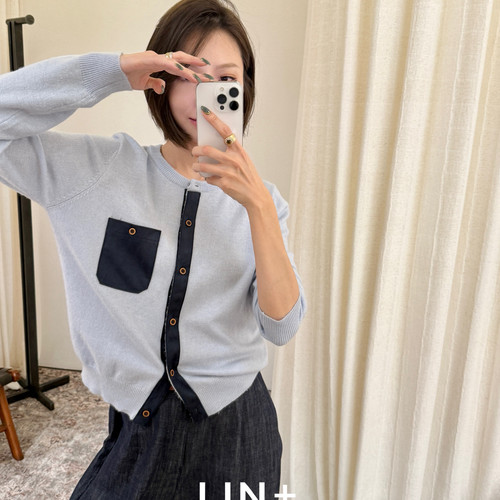 LIN+  -撞色口袋复古经典款显瘦老钱针织开衫2618B287