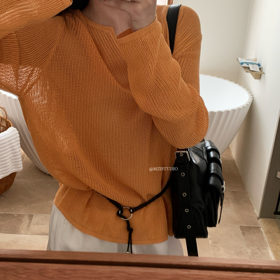 MZI STUDIO-v领长袖随性松弛宽松透感套头针织衫(配腰带)119379#