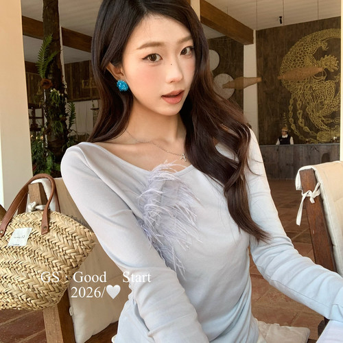 GS.GOOD START-～被俘获了春夏浪漫纯欲羽毛氛围感修身小衫N0039V