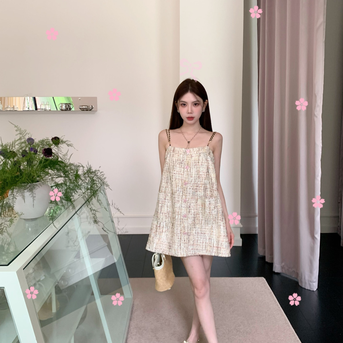 FEIMAO（YIMAO）-设计感粗花呢彩纱小香风修身吊带裙女连衣裙3000