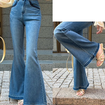 ZY GODDESS-版高腰修身显腿长流苏撞色口袋微喇叭弹力牛仔裤E909