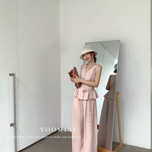 YOOMINI-+高腰休闲阔腿裤淑女气质套装(配飘带)(两件套)M60390-LW