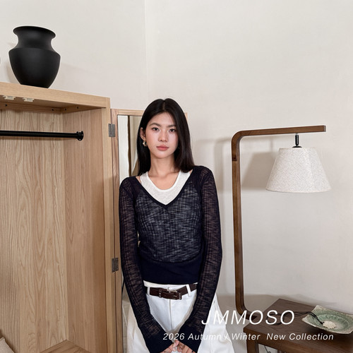 ZY GODDESS-ns博主风复古撞色拼接V领宽松长袖假两件针织衫JQ6025