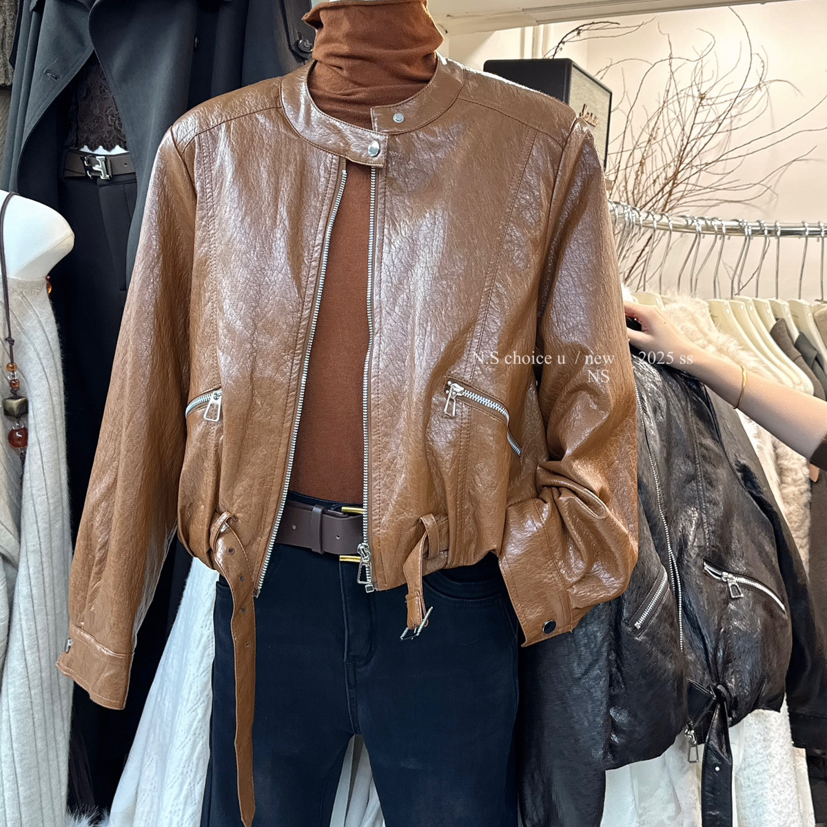 NS CHOICE U-冬上新时髦气质设计感立领夹棉保暖机车皮夹克皮衣