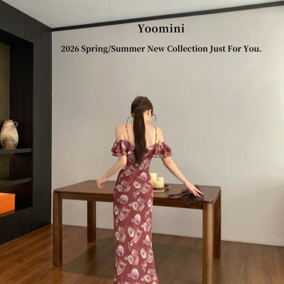 YOOMINI-荷叶边印花修身艳丽温婉气质长裙26年夏连衣裙Y11460-DSY