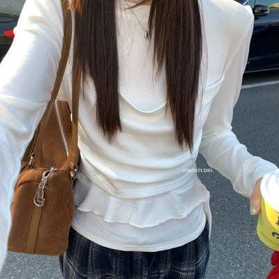 MZI STUDIO-韩版超火假两件抽褶层叠不规则飘带气质减龄套头小衫