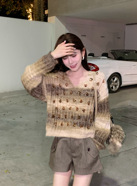 FEIMAO（YIMAO）-季新款气质外穿长袖复古亮片渐变色针织衫保暖毛