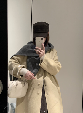 拿铁-龙简约大气显瘦中长款羊毛外套(配可拆卸帽子)（含70.2羊毛