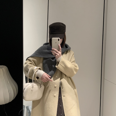 拿铁-龙简约大气显瘦中长款羊毛外套(配可拆卸帽子)（含70.2羊毛