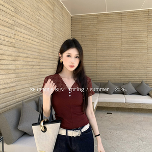 GENTLE 收腰短袖 SUN King韩系蕾丝拼接V领修身 T恤89676 标爆款