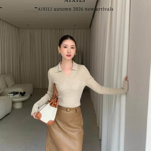AIXILI爱西里-肤舒适翻领针织长袖上衣针织衫（含5.0绵羊毛）A258