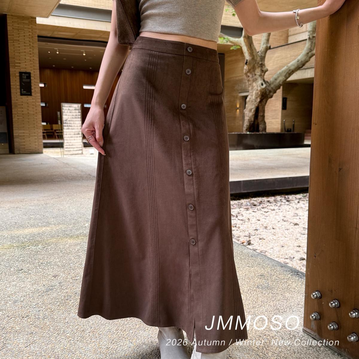 ZY GODDESS-版通勤简约牛皮绒质感高腰排扣A字摆长裙半身裙J89328