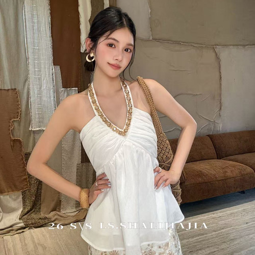 LS-气质千金风挂脖订珠设计收腰显瘦气质无袖背心(单卖背心)23350