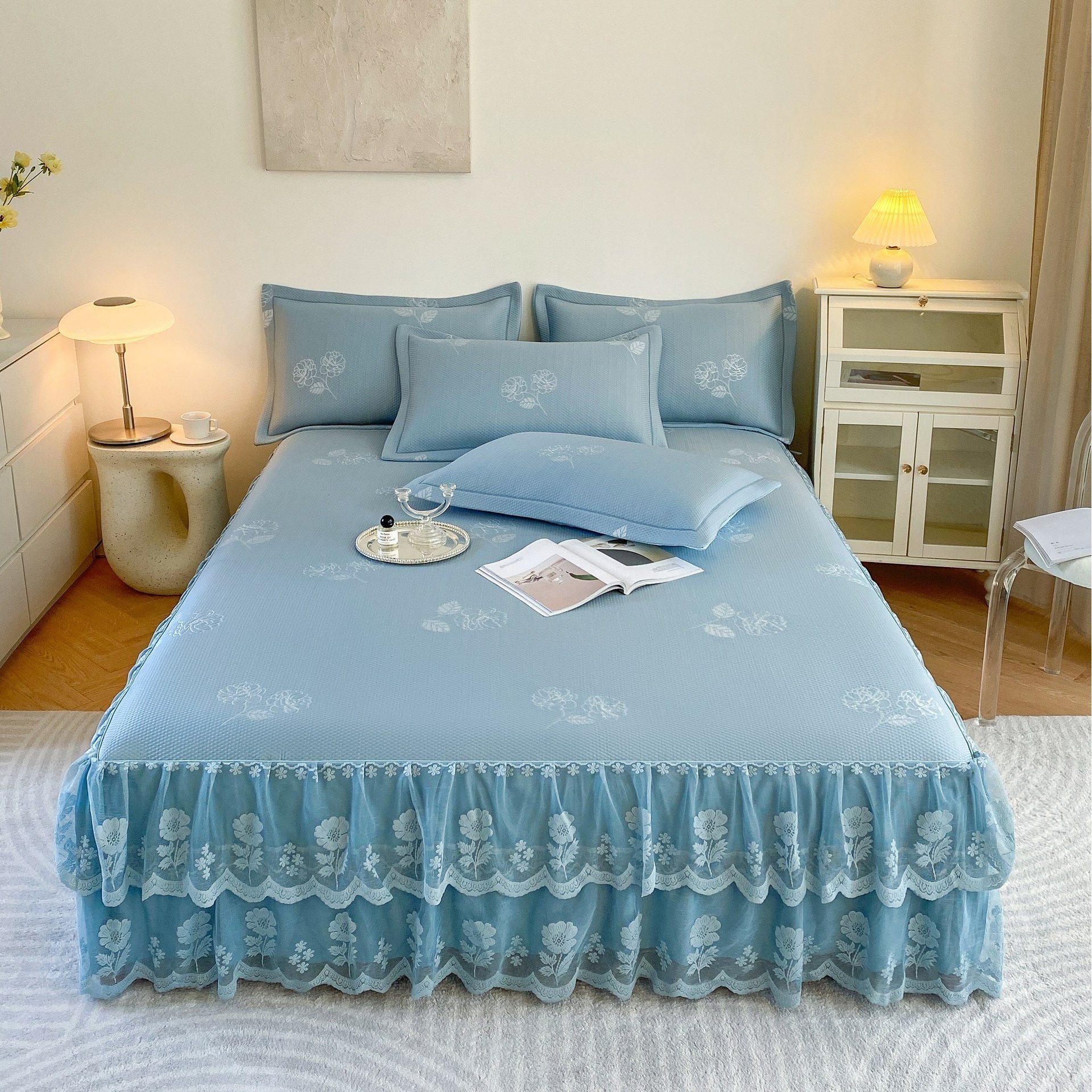 夏季法式凉豆豆冰丝凉席三件套床盖床裙式韩版蕾丝花边凉感席子,床上用品,床裙,淘宝优惠券,粉丝福利购,淘宝优惠卷