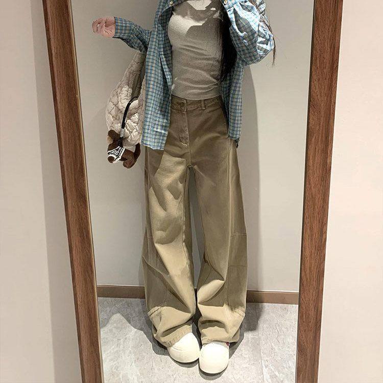 美式复古卡其色直筒工装牛仔裤女春季高腰宽松休闲垂感阔腿长裤潮,女装/女士精品,大码裤装,淘宝优惠券,粉丝福利购,淘宝优惠卷