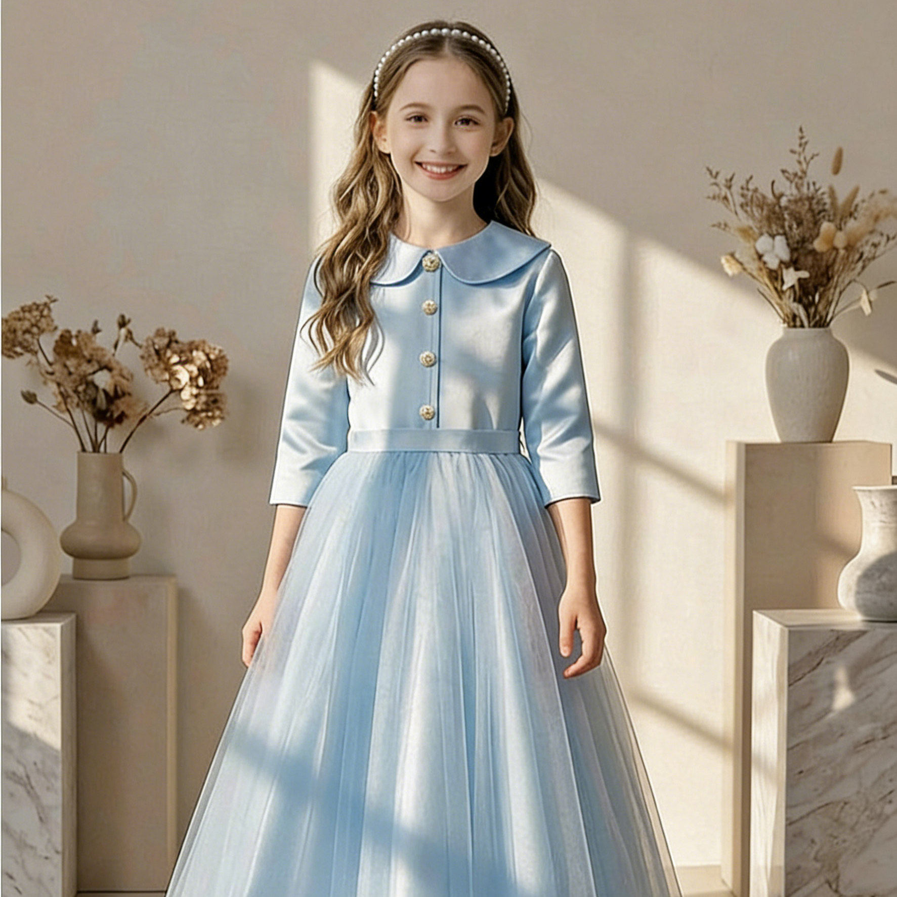 女童礼服高端浅蓝色儿童生日公主裙舞台表演主持女孩钢琴演奏礼服