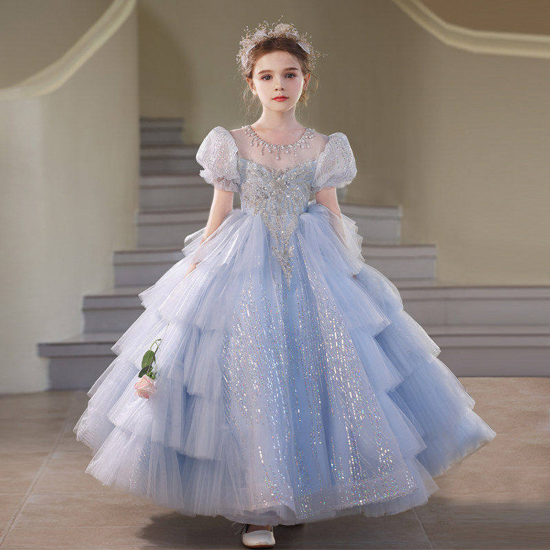 蓝色爆闪女童礼服高端绝美主持人生日宴公主裙儿童蓬蓬裙走秀演出