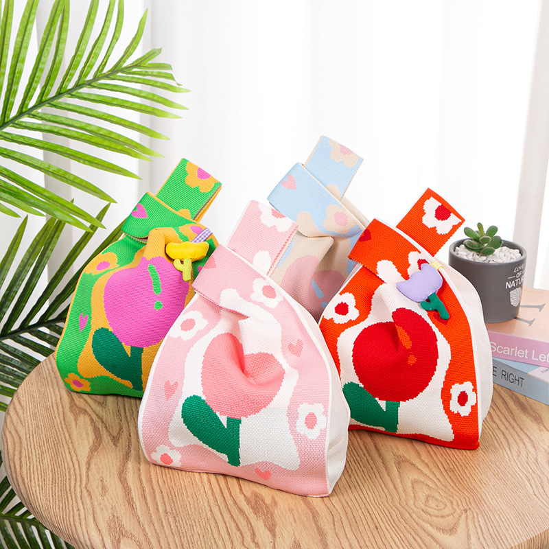 新款网红手提包女针织毛线水桶包日韩版百搭手拎休闲托特包盒饭袋