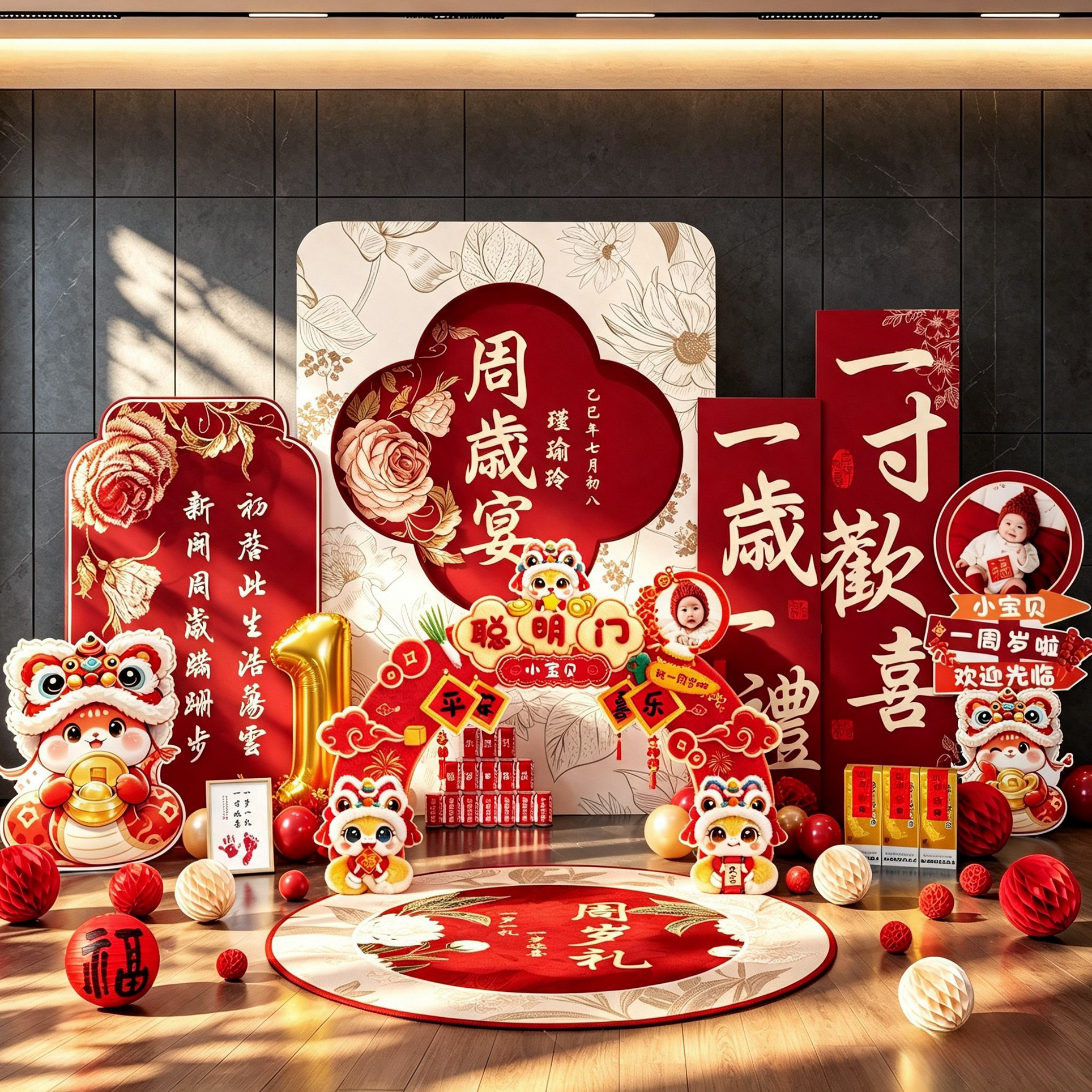 蛇宝宝周岁生日布置氛围感场景装饰一岁抓周仪式用品道具kt板中式图片
