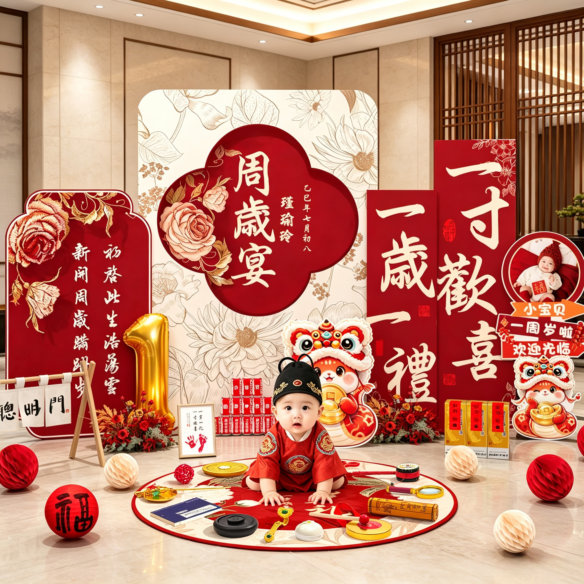 蛇宝宝周岁生日布置氛围感场景装饰一岁抓周仪式用品道具kt板中式图片
