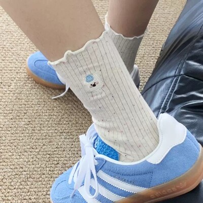 甜美风木耳边卡通小狗中筒袜女秋季日系可爱学院风短袜
