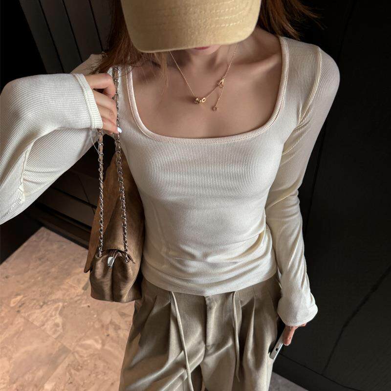 莫代尔螺纹韩系风方领正肩长袖打底衫女内搭秋冬季高级感上衣t恤