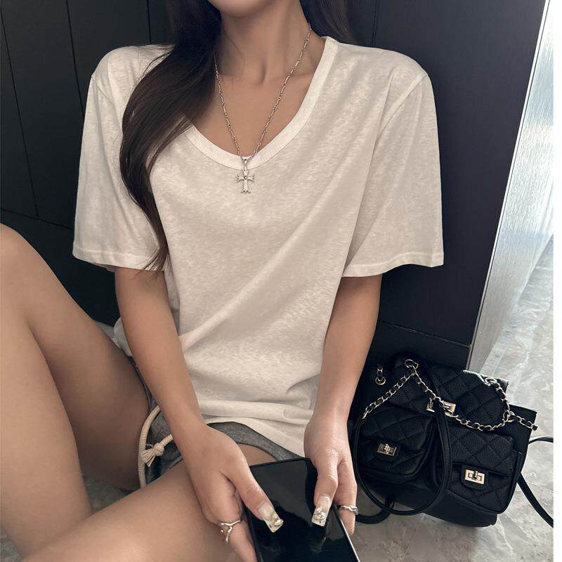 雪花棉夏季V领慵懒风简约宽松正肩短袖大t恤女式韩系休闲遮肉上衣