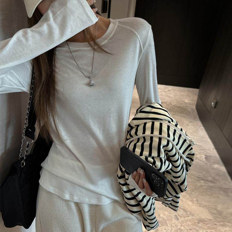 羊毛天丝品质宽松圆领长袖t恤女简约内搭打底衫高级感可外穿上衣