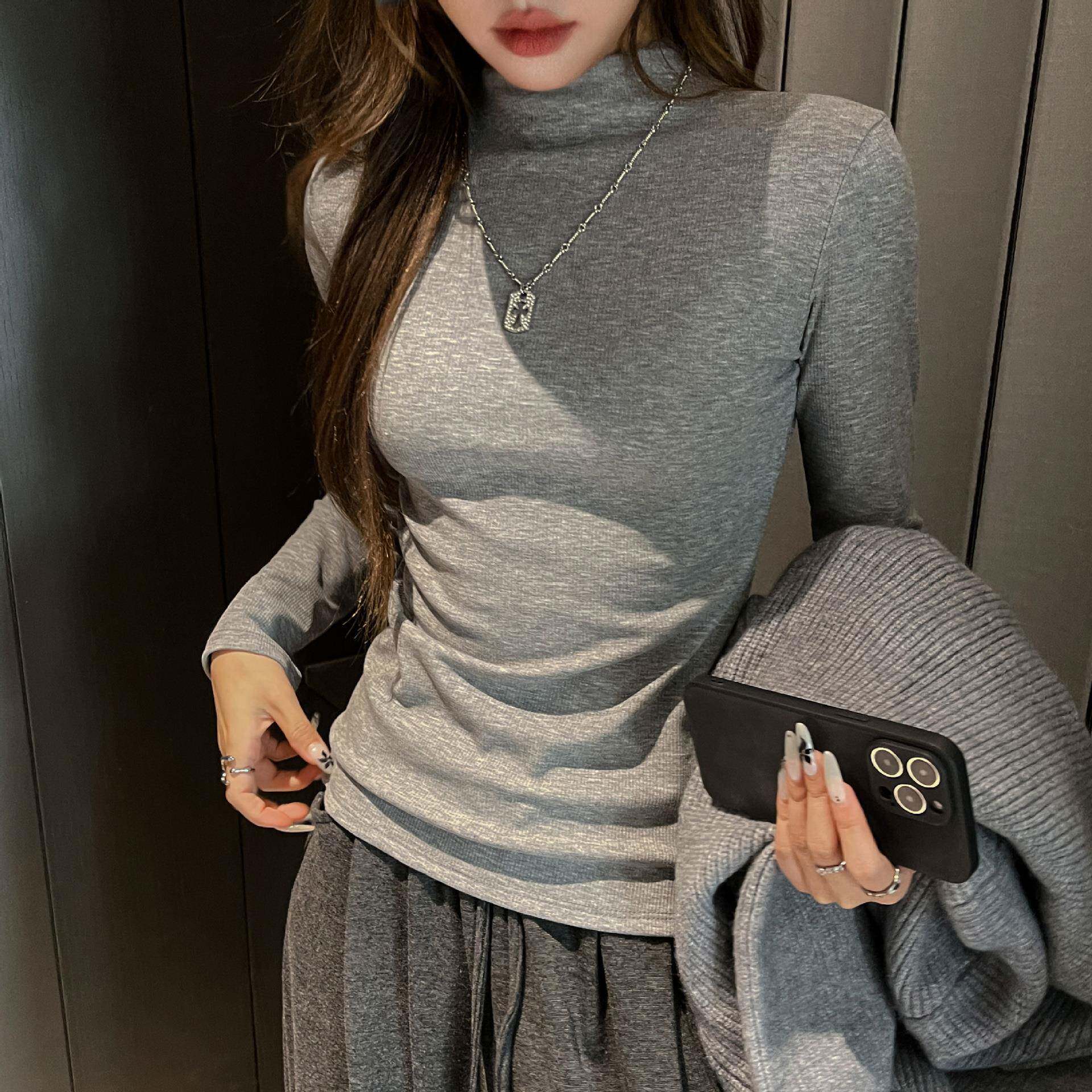 严选灰色半高领打底衫女气质修身显瘦内搭上衣高级感正肩长袖t恤