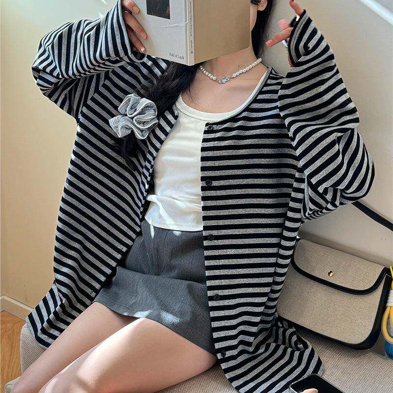 2025美式复古长款外套女春夏新款撞色条纹宽松休闲长袖高级感开衫