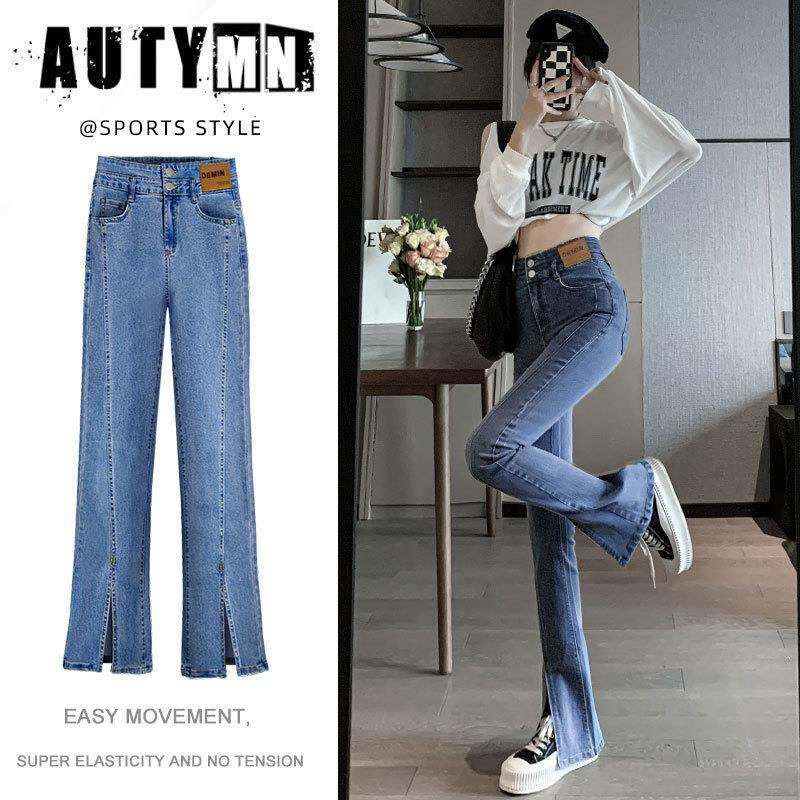 开叉牛仔裤子女2026年新款春秋季直筒高腰显瘦阔腿开衩微喇叭黑色