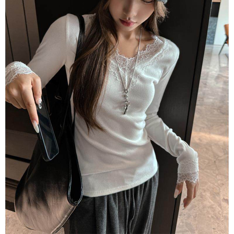 V领蕾丝拼接磨毛长袖打底衫女士内搭秋冬季高级感螺纹长袖t恤上衣