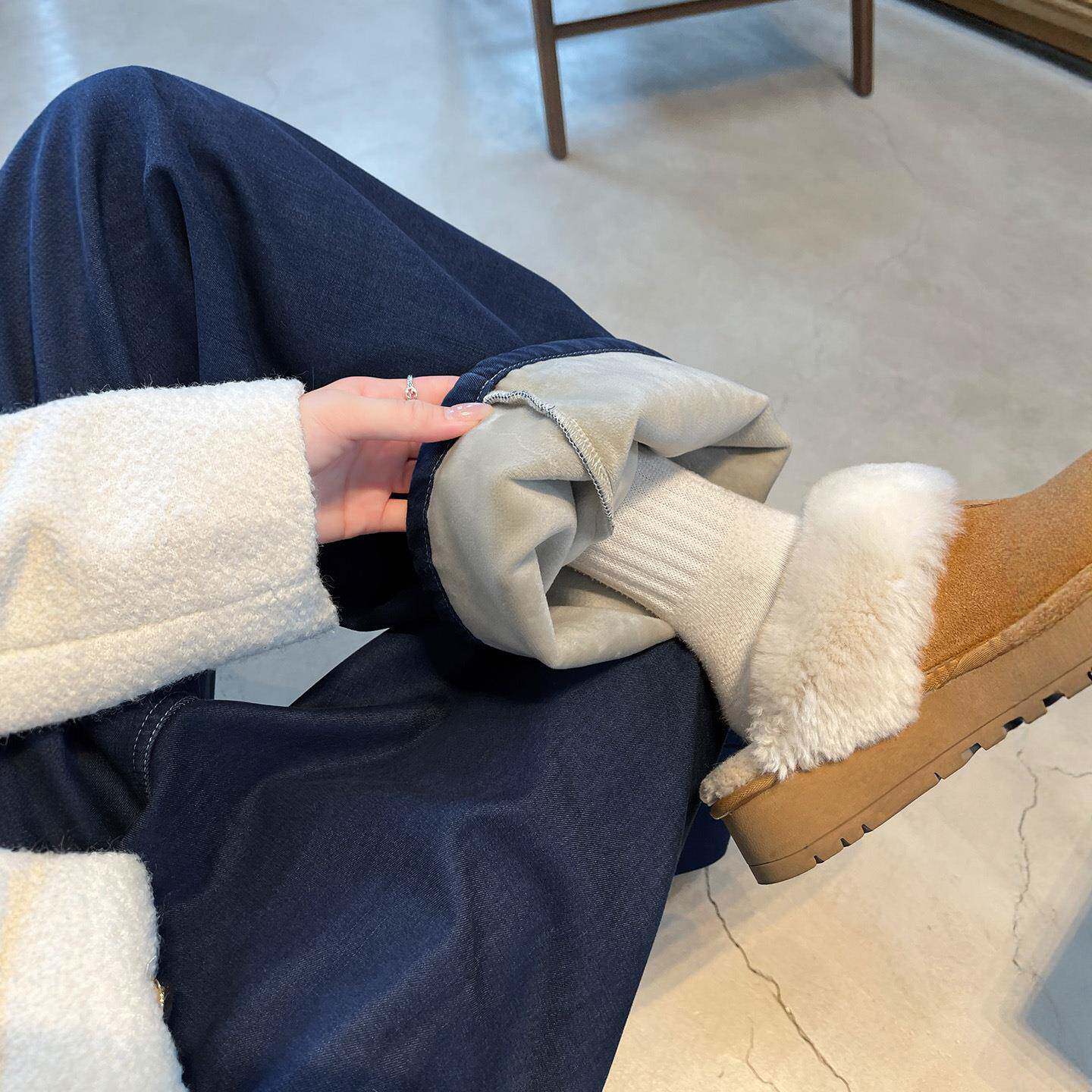 深蓝色薄款阔腿牛仔裤女秋季2026新款宽松高腰小个子大码直筒裤子