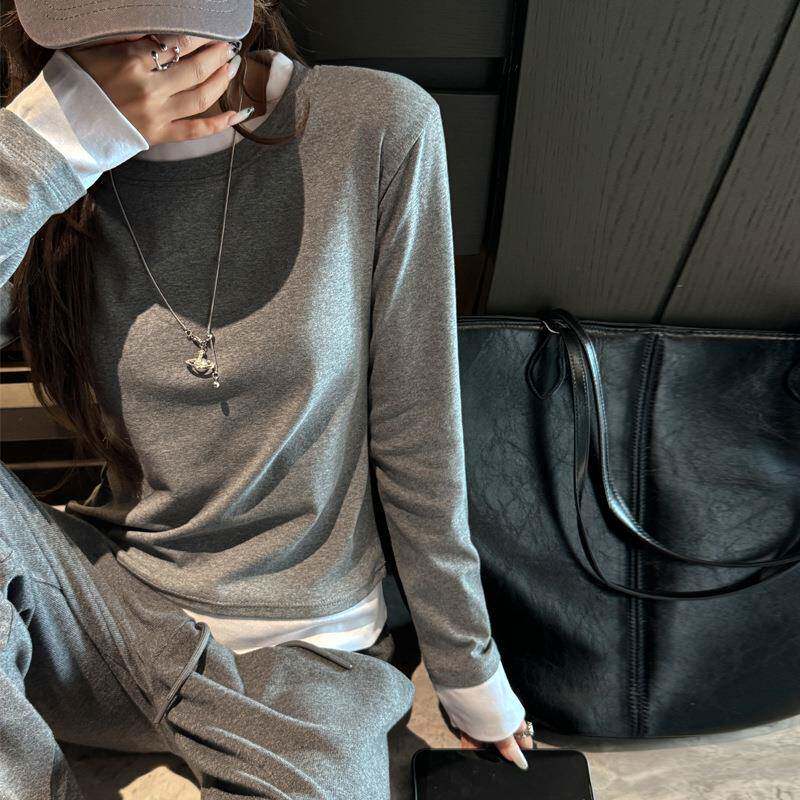 美式纯棉假两件小圆领正肩长袖t恤女式内搭秋冬显瘦高级感打底衫