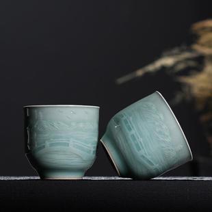 复古家用 青瓷功夫茶杯龙泉手工刻花陶瓷主人杯单杯品茗杯茶具中式
