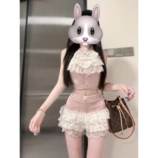 外贸出口捡漏特价 性感辣妹蕾丝花边挂脖上衣绝 纯欲甜美套装 女夏季