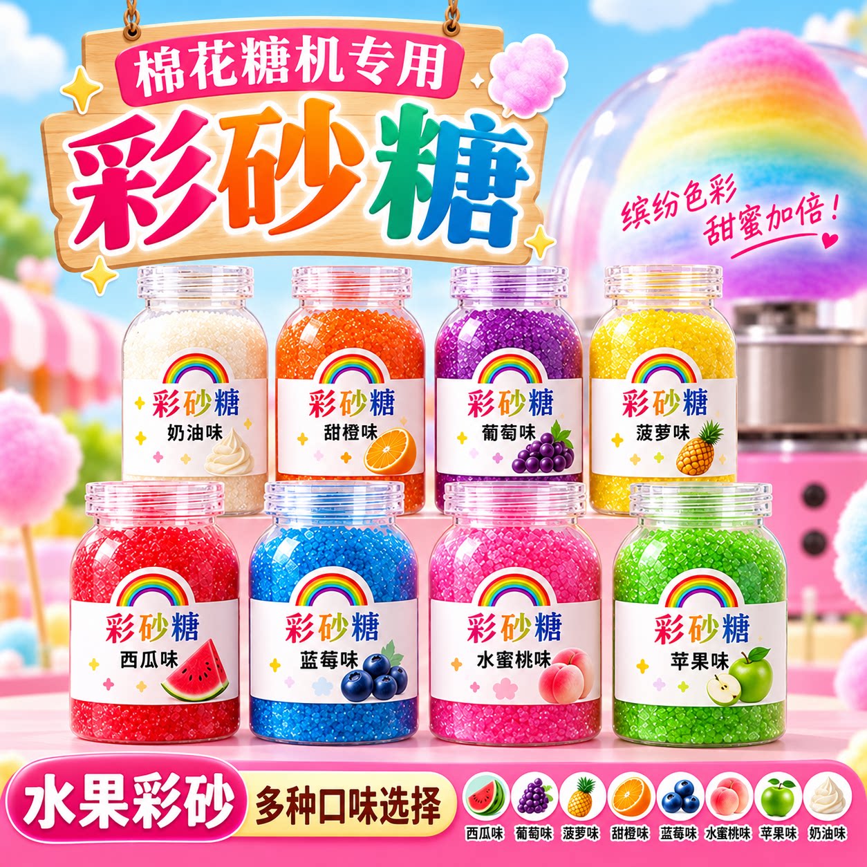 【厂家直发】彩色棉花糖机专用彩砂糖水果味白砂糖专用彩糖粉原料