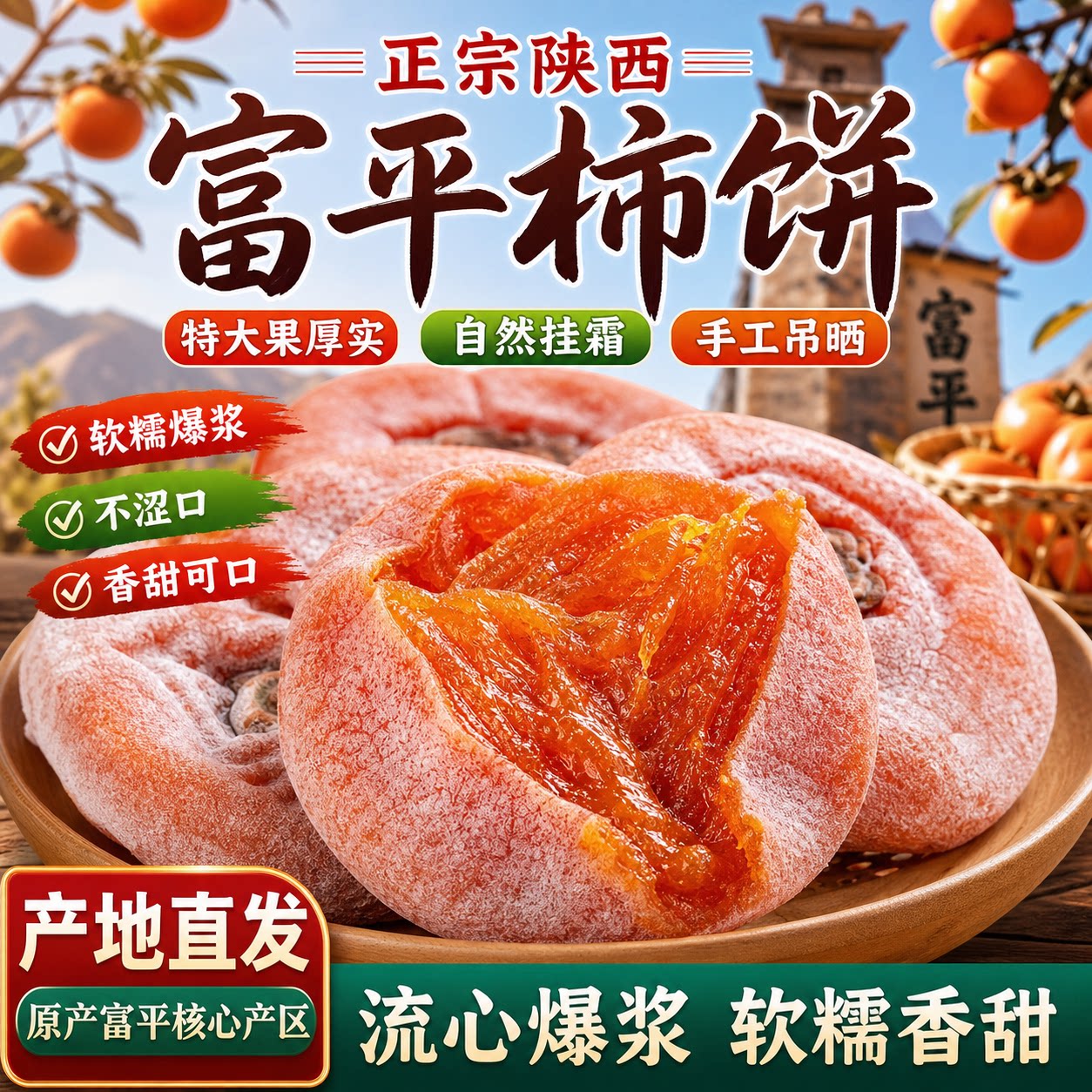正宗陕西富平柿饼流心霜降独立包装特级农家果干各地好吃的特产